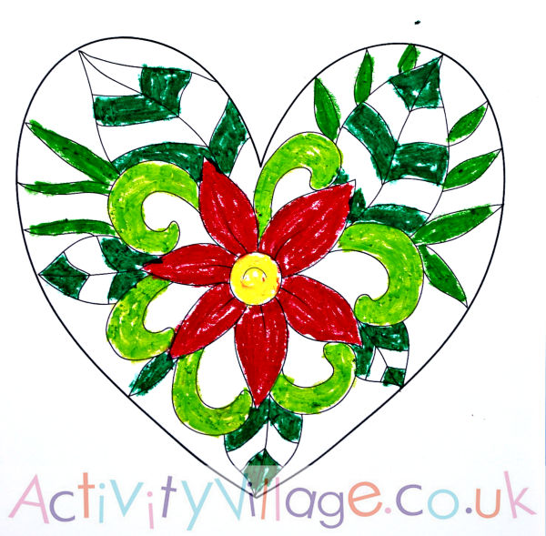 Heart colouring page with just oil pastels