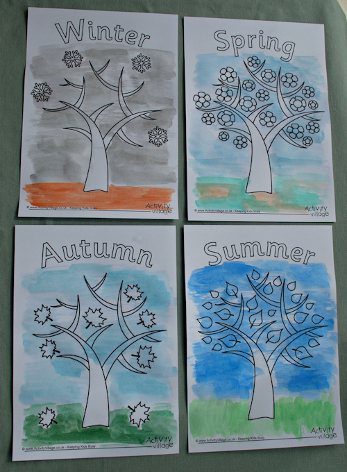 Season colouring pages with backgrounds painted