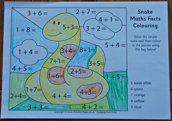 Snake maths fact colouring page, completed