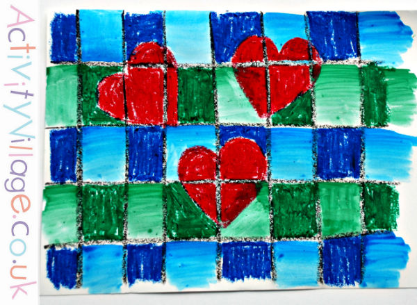 Finished oil pastel and watercolour resist stained glass picture